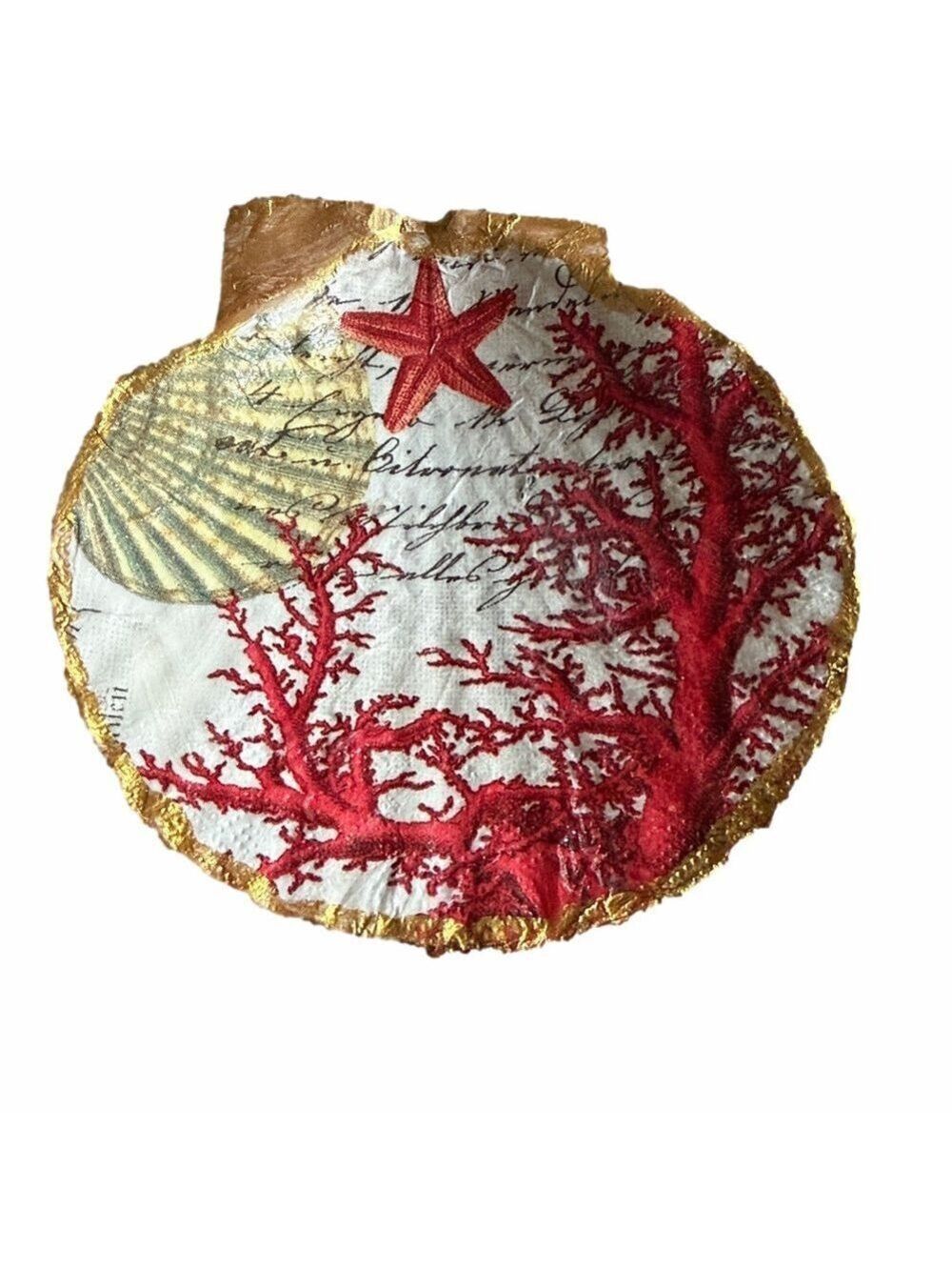 Handcrafted Scallop Shell Trinket Dish Coral Coastal Gold Rim